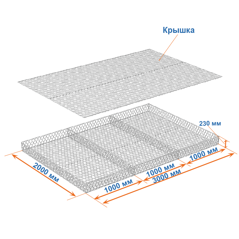 Габион матрац ГСИ-М 3х2х0,23 оцинкованный, Ø проволоки 2,7 мм, размер ячейки 8х10 см фото